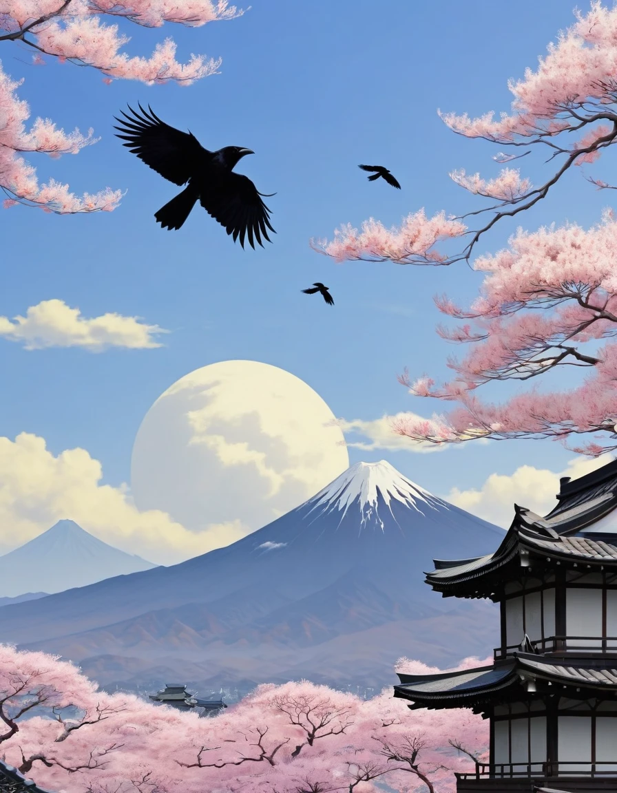 Japanese Samuraiの横からの全景 Japanese swordを持ち遠くを見ている A few crows are flying in the distance Crows are the samurai's allies pale colour Ink Painting Like overlapping Japanese Samurai Japanese sword dusk The Samurai and the Crow
