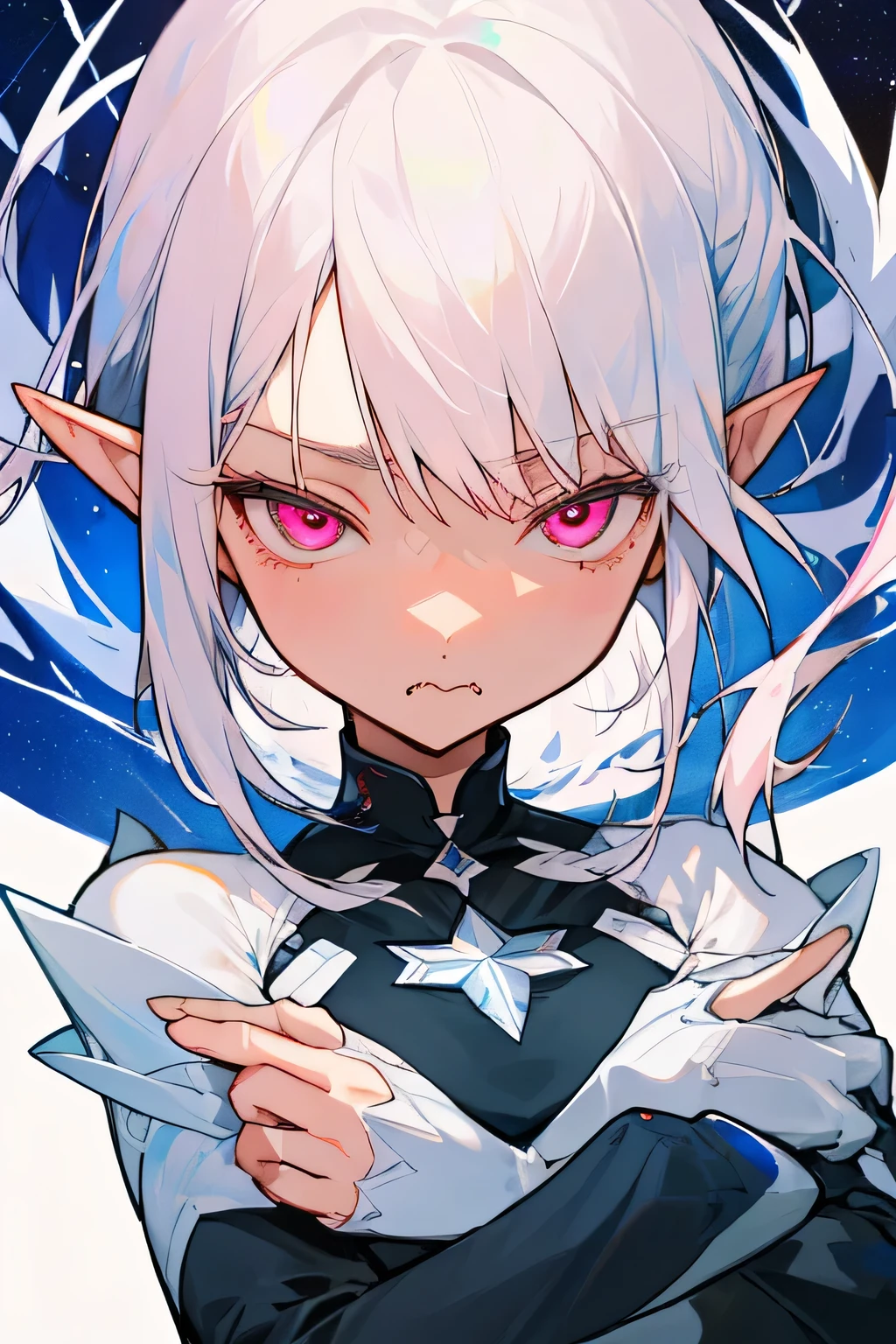 sad face、pout、 white hair、trunk、Double Drill、crossed arms、Yelling at me, pink eyes, elfo, pointy ears, one girl, best qualityer, cover, highy detailed, fine-details, (stars), (hair with highlights), ((White hair)), (white inner hair), one girl, Masterpiece artwork、Maximum quality, 1 girl、cabelo brancokawaii、tissue、Black futuristic combat uniform