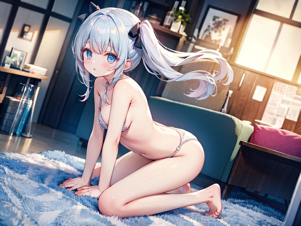 Himari Meimei, masterpiece, slim thighs, petit body, little young girl, flat chest, {1 Girl}, Cute and shy smile, Highly detailed sparkling purple eyes, In summer beach, 困り眉, open legs, legs up, silver grey hair, lying on beach bed