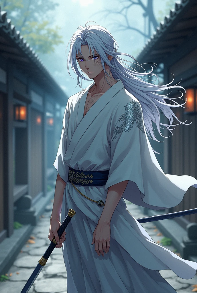 tall and slender, with long silver hair and intense violet eyes. His skin is pale and marked by old scars.., that tell stories of past battles. Wears a white haori with silver details, that resembles a dense fog when it moves.
Personalidade: Introspective and calm, Kazuki prefers solitude and meditation. Has a strong sense of justice and honor, but his solitary nature makes him distant and difficult to approach. Despite his serene appearance, hides a deep sadness and a past marked by losses. Anime style With a sword walking down the street he finds a hut, that have demons that attack him