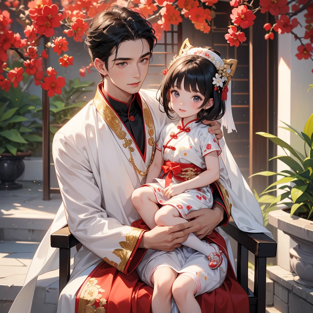 a handsome young man with good face and gentle face, wearing a white ancient Chinese costume, sitting on chair, hugging his adorable Chibi baby girl 1 year old, who is 1 year old with black hair in a red Chinese new year costume, int he morning, there is sunlight shining in the front yard garden , smiling.