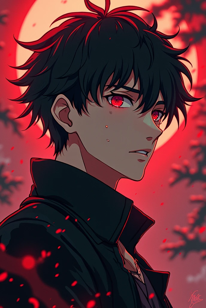 name: Lucas Sex: Male Age: 23 Height: 1,80 Black hair,Eyes red, offwhite,a small cut scar on the cheek, anime version in the style of Jujutsu Kaisen