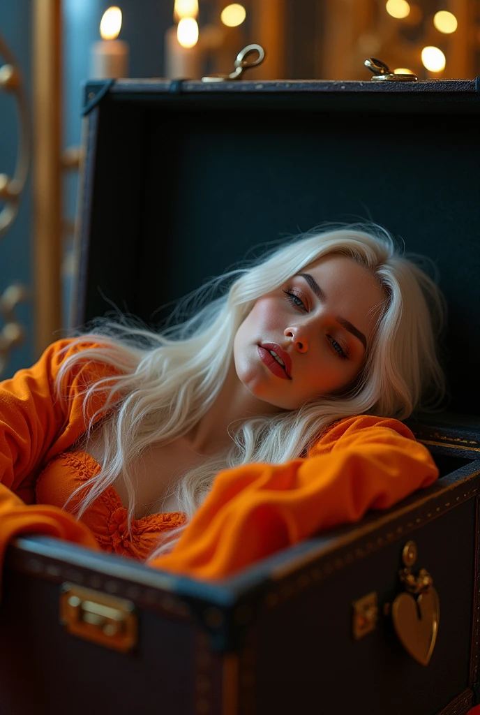 create a young woman of 25 with long natural white hair that she is lying inside a trunk as if she were trapped and the lock is a heart, she will be wearing orange clothes I want her at an awards show
