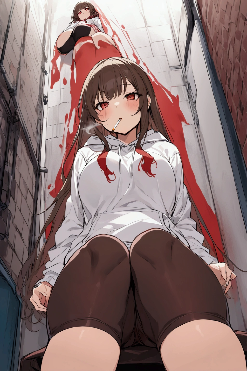 1 female, 20-year-old, (( face))Staring wistfully、Confused Eyes、Cheeky attitude,round, young cheeks, ((148cm)), (Thick thighs), Modest chest, (Hairstyle)Dark brown hair、Hairline appears dark、Slightly curled straight long hair, (Oversized white hoodie with red paint splatter pattern), (Tight shorts), ((Smoking a cigarette)), (The background is a back alley), Look to the side, ((Looking into the camera)), The character is located at the bottom right of the screen.., Accurate anatomy, Low angle view, Configuration looking up from below, Sitting, whole body, I can see your feet