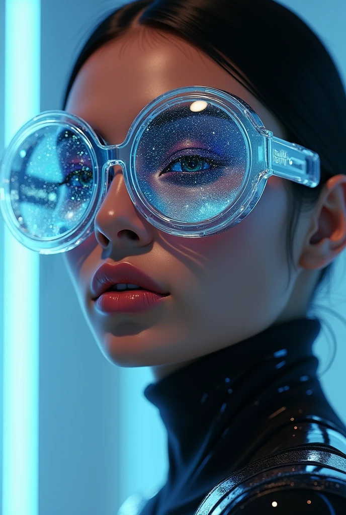 The model is wearing glass sunglasses with stars and the moon on the glass