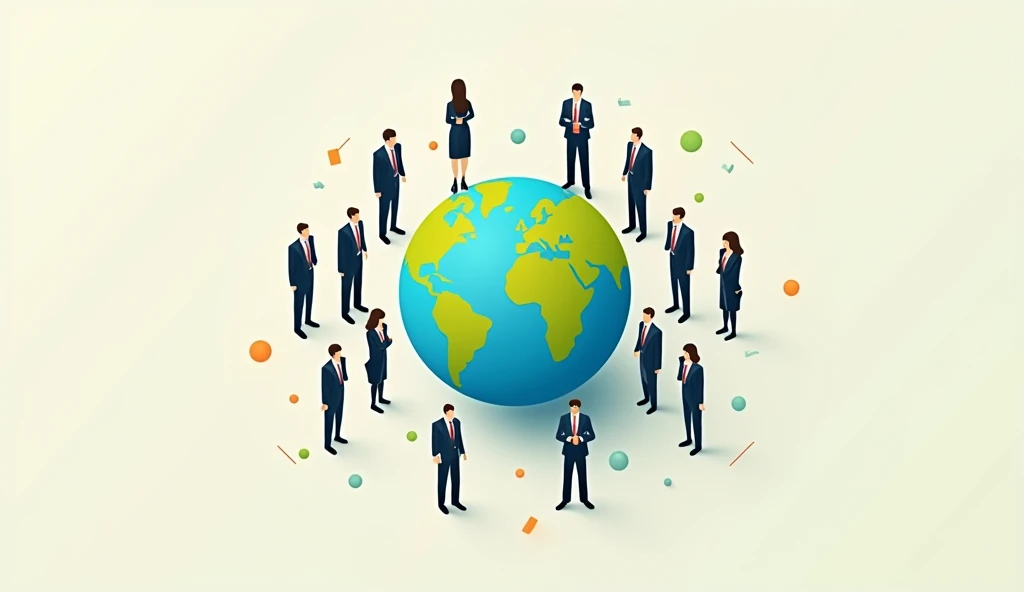the earth surrounded by men and women dressed in suits, flat design， colourful