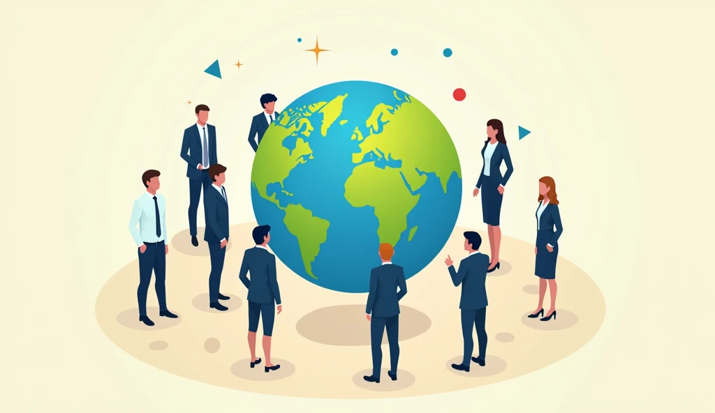 the earth surrounded by men and women dressed in suits, flat design， colourful