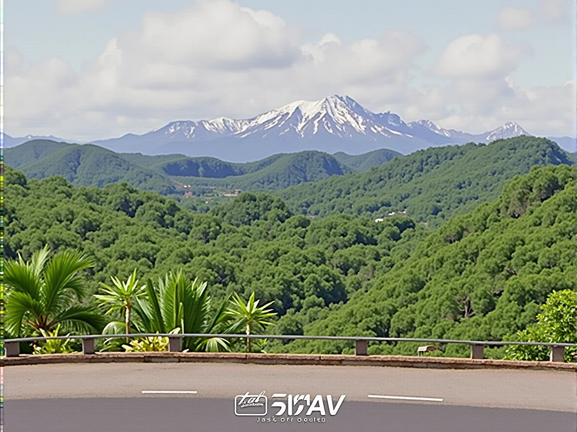 panoramic image, of a coastal landscape with lush Hawaiian rainforest,  between green hills with snowy mountains in the background.