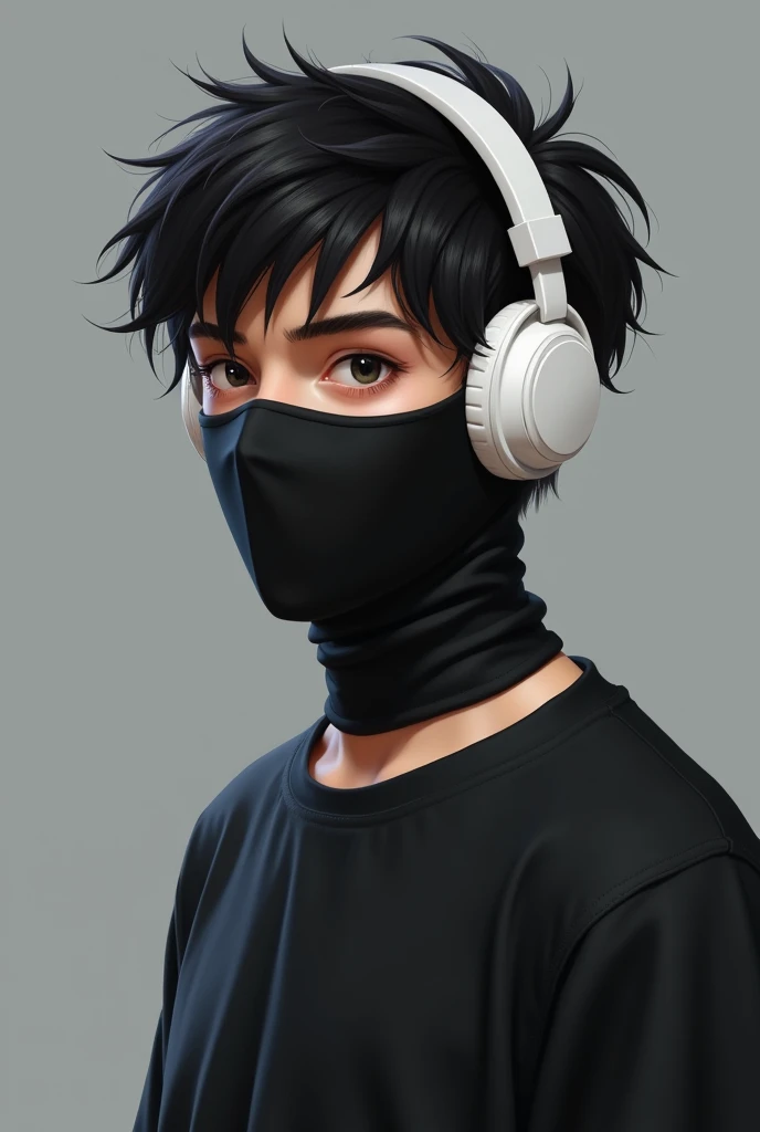Made me a realistic picture of a boy who is wearing black shirt and white headphones on Alpha black mask..side pose ager boy