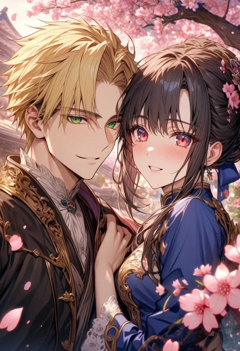 absurdres, highres, ultra detailed, HDR, master piece, best quality, extremely detailed face, delicated features, Xue Yu, black hair, messy hair, expressive red eyes, Fate Stay Night, Artoria Pendragon (Saber), blonde hair, expressive green eyes, a handsome man together with a beautiful woman, couple, smiling, blue dress, black coat, fantasy, magical, cherry blossoms, pink flowers, pink butterflies, pink petals, pink moon