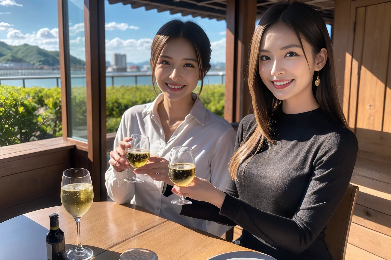 ((Highest quality、8K、masterpiece:1.3))、Yuuko Araki、slimカップル、Pink Lover、modelカップル、(Realistic, Intricate details:1.2), full-course dinner、Wine Party、Amazing view of the sunset sky and clouds、A bright smile、The wonderfulness of smile、Bright image、The beauty of wine, Beautiful Face, blue eyes, The light shines on your face, Blushing, short hair,Bright Face、42 years old), 39 years old, red wine 、Appetizers、Italian food、Wine bottle、Champagne、sparkling wine、Two beauties、Brown Hair、Shortcuts、Long sleeve shirt、dress、Beautiful woman 1, (slimな顔), (The body is slim), (Brown Hair), (Shortcuts), cheeks turn a little red,Attractive beauty、restaurant, In a prominent place (From the waist up) Nova Frog Style, actress, model, Upper Body, White wine, slim, wine glass, 中央に置かれたwine glass, smile, (smile: 1.15), Beautiful fine grain, Depth f/2,saturation, High Contrast, Strong light and shadow,Moist Body:1.5、3D texture、Delicate eyes、Brown Hair、The hair is very shiny、