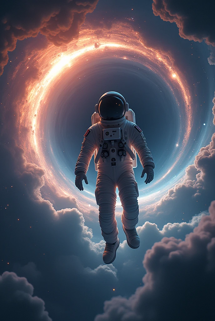 a highly detailed astronaut falling into a black hole in the depths of a galaxy, extremely detailed space scene, 8k, ultra-detailed, photorealistic, realistic lighting, dramatic lighting, cinematic composition, awe-inspiring, epic scale, mesmerizing colors, ethereal atmosphere, stunning cosmic environment, majestic nebulae, swirling galaxies, luminous stars, sense of wonder and mystery