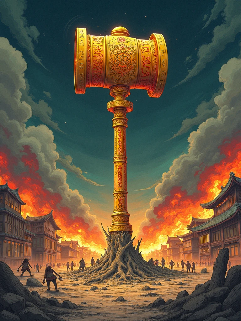 A huge golden cudgel is firmly planted in the ground. The impressive golden cudgel is engraved with intricate red runes, similar to the style of ancient runes,The surrounding scene was a scene of chaos and flames,The building was destroyed by fire。Frightened people,They all fled in terror,Pure fear written all over his face,This work is rendered in traditional line art,Reminiscent of anime before 1912,Filled with bright and bold colors。