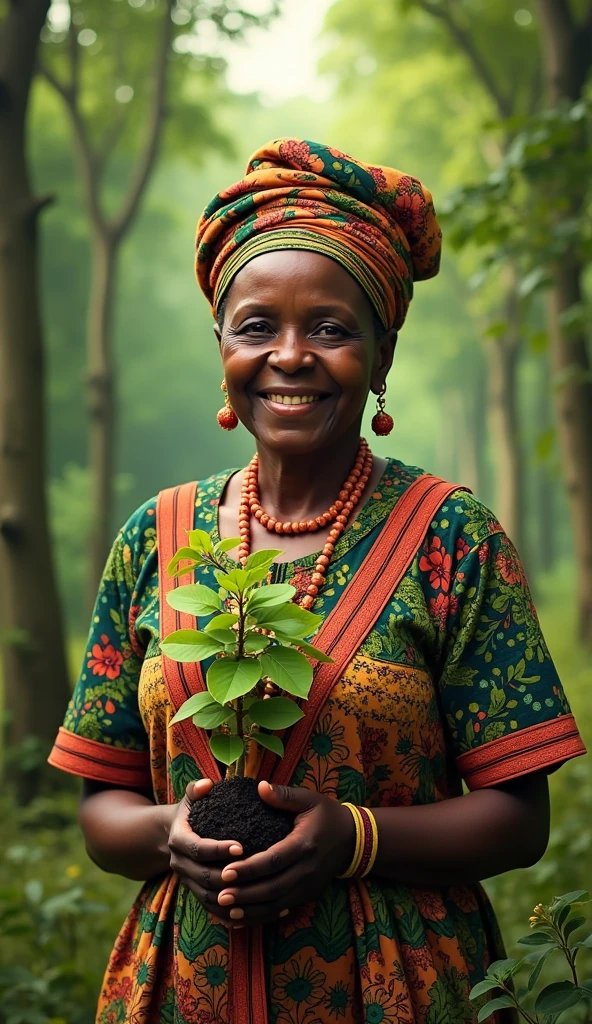 Create a portrait of Wangari Maathai, the renowned Kenyan environmental activist. She is depicted with a warm and determined expression, symbolizing her dedication to environmental conservation. She wears a traditional African dress with vibrant patterns, reflecting her heritage. In the background, lush green trees and a thriving forest represent the Green Belt Movement she founded. Her short hair is adorned with a colorful headscarf, and she holds a small sapling in her hands, symbolizing her commitment to planting trees and protecting the environment."