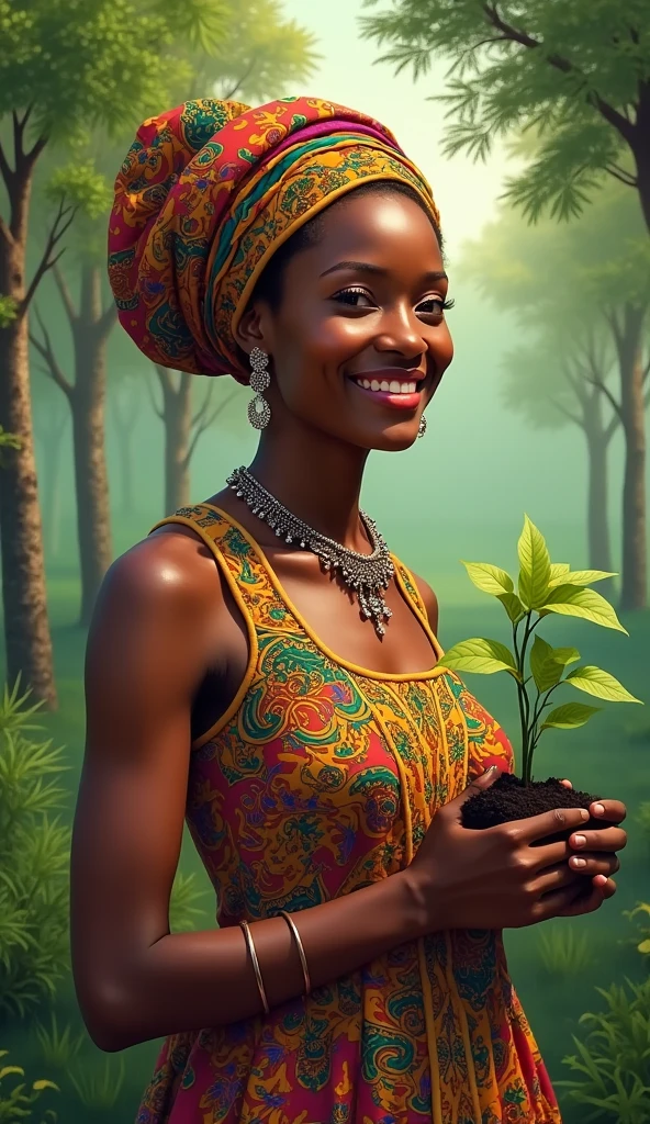 Create a portrait of Wangari Maathai, the renowned Kenyan environmental activist. She is depicted with a warm and determined expression, symbolizing her dedication to environmental conservation. She wears a traditional African dress with vibrant patterns, reflecting her heritage. In the background, lush green trees and a thriving forest represent the Green Belt Movement she founded. Her short hair is adorned with a colorful headscarf, and she holds a small sapling in her hands, symbolizing her commitment to planting trees and protecting the environment."
