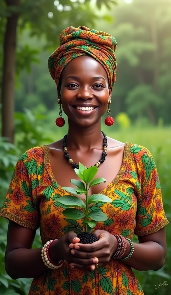 Create a portrait of Wangari Maathai, the renowned Kenyan environmental activist. She is depicted with a warm and determined expression, symbolizing her dedication to environmental conservation. She wears a traditional African dress with vibrant patterns, reflecting her heritage. In the background, lush green trees and a thriving forest represent the Green Belt Movement she founded. Her short hair is adorned with a colorful headscarf, and she holds a small sapling in her hands, symbolizing her commitment to planting trees and protecting the environment."