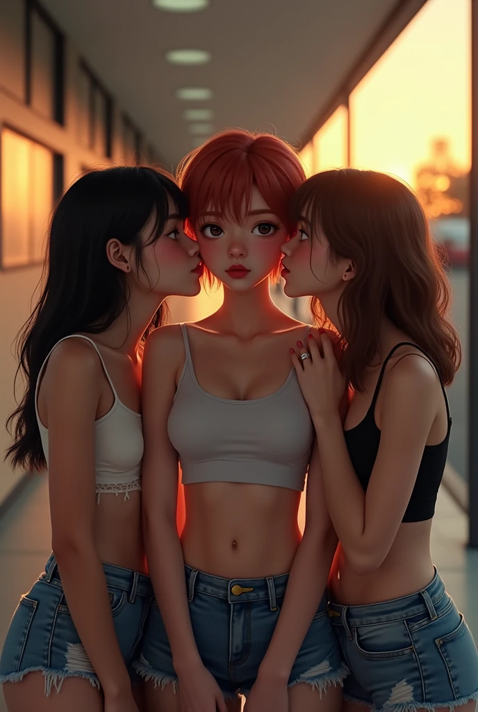 (photorealism 1.2) a shy American white high school girl with freckles and a  figure and short red hair being crowded and kissed on the lips and cheek by two Asian girls (one black haired and one brunette) wearing torn crop tops and ripped jeans and wearing lipstick while they both kiss the American girl in an empty school corridor as the sun sets (three girls in this scene) 