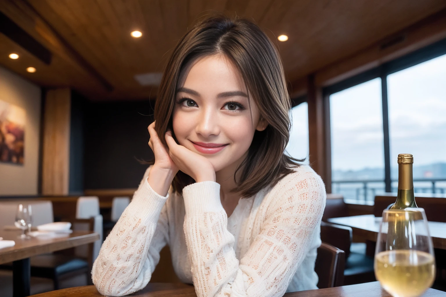 ((Highest quality、8k、masterpiece:1.3))、slimカップル、modelカップル、(Realistic, Intricate details:1.2), Japanese food、Buckwheat、Japanese sake、Shochu 、Amazing view of the sunset sky and clouds、A bright smile、The wonderfulness of smile、Bright image、Beautiful Face, blue eyes, The light shines on your face, blush, short hair,Bright Face、 (Age 37), 39 years old, sparkling wine、Two beauties、Brown Hair、Shortcuts、Long sleeve shirt、dress、Beautiful woman 1, (slimな顔), (The body is slim), (Brown Hair), (Shortcuts), cheeks turn a little red,Attractive beauty、restaurant, In a prominent place (From the waist up) Nova Frog Style, actress, model, Upper Body, White wine, slim, smile, (smile: 1.15), Beautiful fine grain, Depth f/2,saturation, High Contrast, Strong light and shadow,Moist Body:1.5、3D texture、Delicate eyes、Brown Hair、The hair is very shiny、