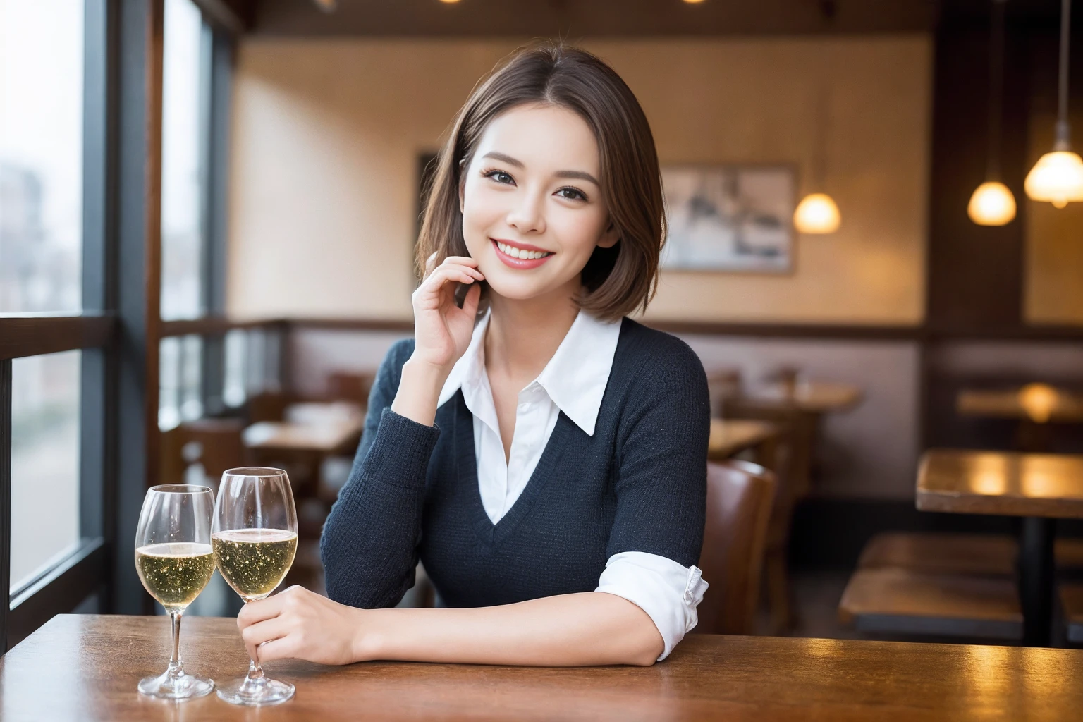 ((Highest quality、8k、masterpiece:1.3))、slimカップル、modelカップル、(Realistic, Intricate details:1.2), Japanese food、Buckwheat、Japanese sake、Shochu 、Amazing view of the sunset sky and clouds、A bright smile、The wonderfulness of smile、Bright image、Beautiful Face, blue eyes, The light shines on your face, blush, short hair,Bright Face、 (Age 37), 39 years old, sparkling wine、Two beauties、Brown Hair、Shortcuts、Long sleeve shirt、dress、Beautiful woman 1, (slimな顔), (The body is slim), (Brown Hair), (Shortcuts), cheeks turn a little red,Attractive beauty、restaurant, In a prominent place (From the waist up) Nova Frog Style, actress, model, Upper Body, White wine, slim, smile, (smile: 1.15), Beautiful fine grain, Depth f/2,saturation, High Contrast, Strong light and shadow,Moist Body:1.5、3D texture、Delicate eyes、Brown Hair、The hair is very shiny、