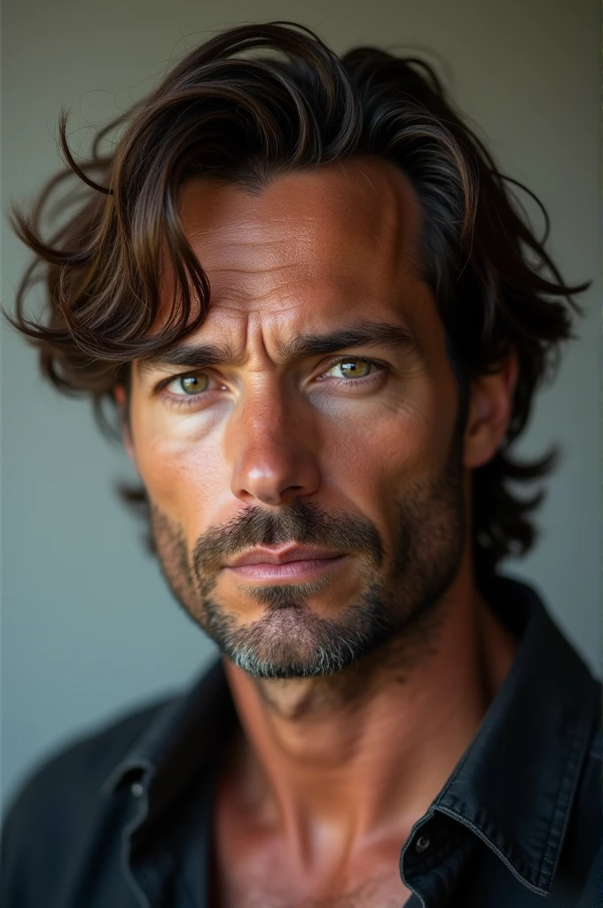 An older man no older than 36 years old, medium-long, messy hair, medium build and attractive