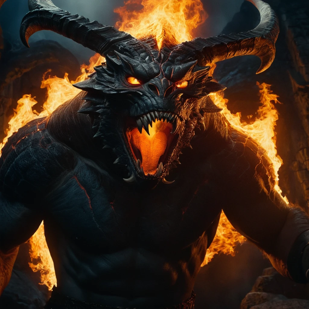 cinematic film still of  In a Fantasy Middle-earth world in the dark ages Balrog powerful demonic monstr  a painting of a demon with a fire in its mouth,standing alone,gaping mouth,1  boy,antlers,teeths,sin humanos,Ablaze,fire,Spitz teeths,Ablaze eyes,monstr,breathing fire , Dramatic light, dramatic shadow light, film contrast, cinematic film color, aparência de filme cinematographic, cinematographic, realisitic, 真实感, perfection, perfect, movie film still, fantasy drama, epic drama, fictitious, Age of Wonders, age of empires, guerreiros,  medieval style, middle Ages, dungeons and dragons style, different people, different, unique, kingdoms and castles, violent, agressive, detailded, perfection, detailded face, detailded body, detailded hands, detailded eyes, Spitz, horror theme, dark theme, epic fantasy adventure film style, legendary, mythical, The Lord of the Rings Style, Shallow depth of field, vignette, highly detailded, high budget, bokeh, cinemascope, temperamental, epic, marvelous, film grain, grainy