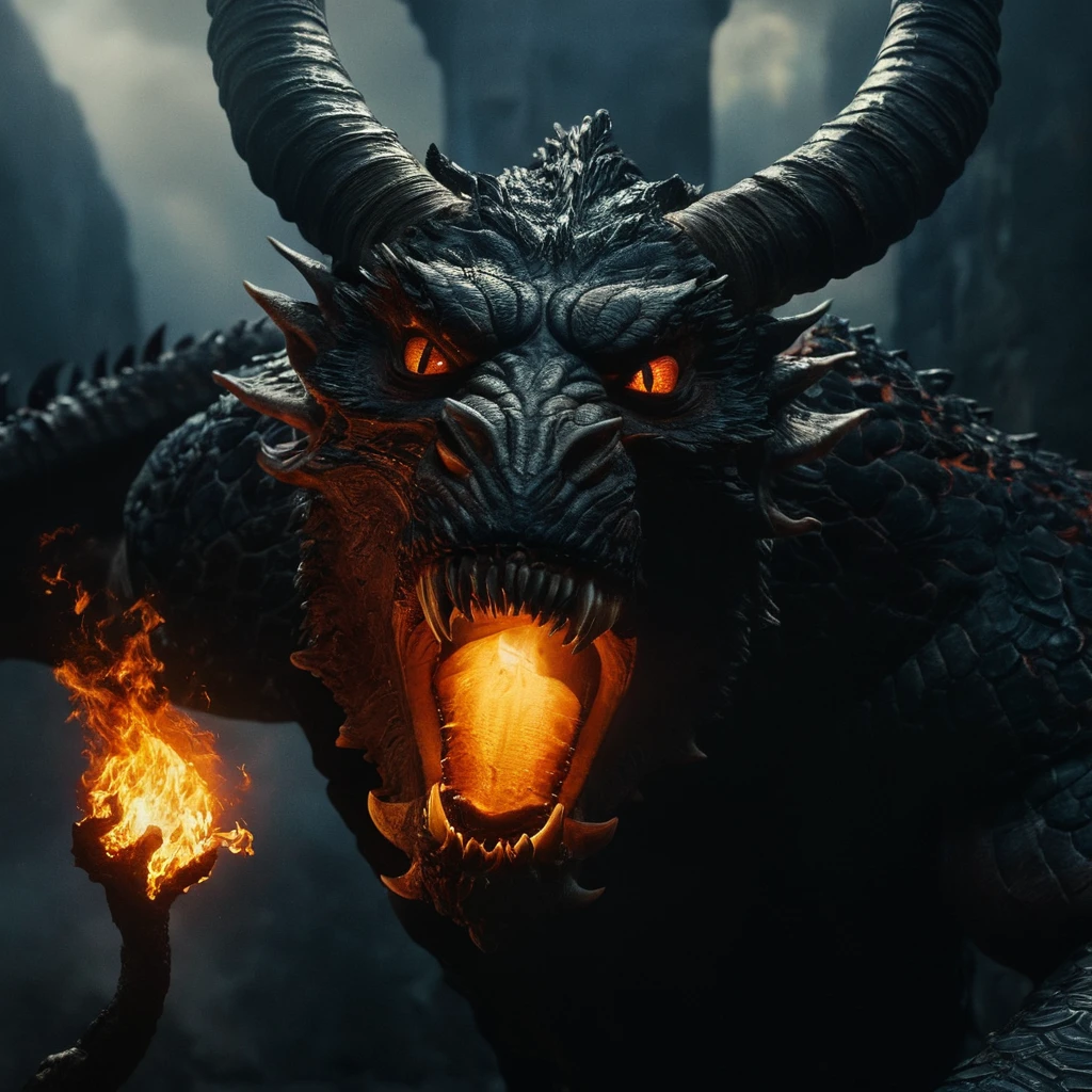 cinematic film still of  In a Fantasy Middle-earth world in the dark ages Balrog powerful demonic monstr  a painting of a demon with a fire in its mouth,standing alone,gaping mouth,1  boy,antlers,teeths,sin humanos,Ablaze,fire,Spitz teeths,Ablaze eyes,monstr,breathing fire , Dramatic light, dramatic shadow light, film contrast, cinematic film color, aparência de filme cinematographic, cinematographic, realisitic, 真实感, perfection, perfect, movie film still, fantasy drama, epic drama, fictitious, Age of Wonders, age of empires, guerreiros,  medieval style, middle Ages, dungeons and dragons style, different people, different, unique, kingdoms and castles, violent, agressive, detailded, perfection, detailded face, detailded body, detailded hands, detailded eyes, Spitz, horror theme, dark theme, epic fantasy adventure film style, legendary, mythical, The Lord of the Rings Style, Shallow depth of field, vignette, highly detailded, high budget, bokeh, cinemascope, temperamental, epic, marvelous, film grain, grainy