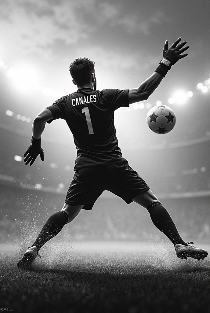 Image with a black and white background and a goalkeeper with his back turned saving a ball with a shirt with Canales' name number 1
