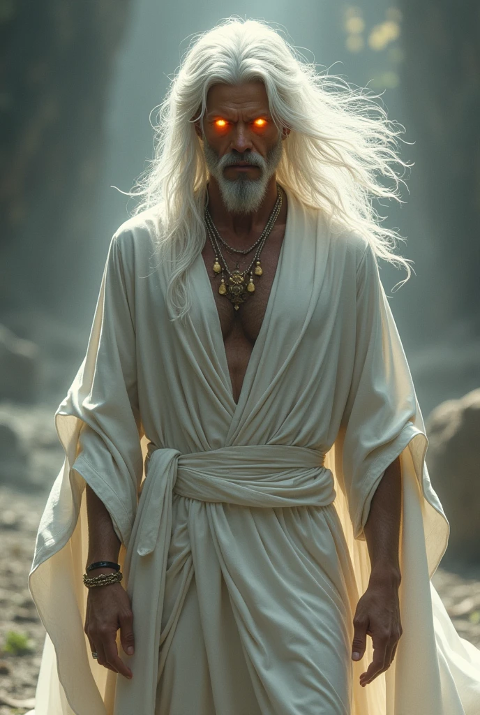 White hair, fire Eyes, bronze skin, white dress man