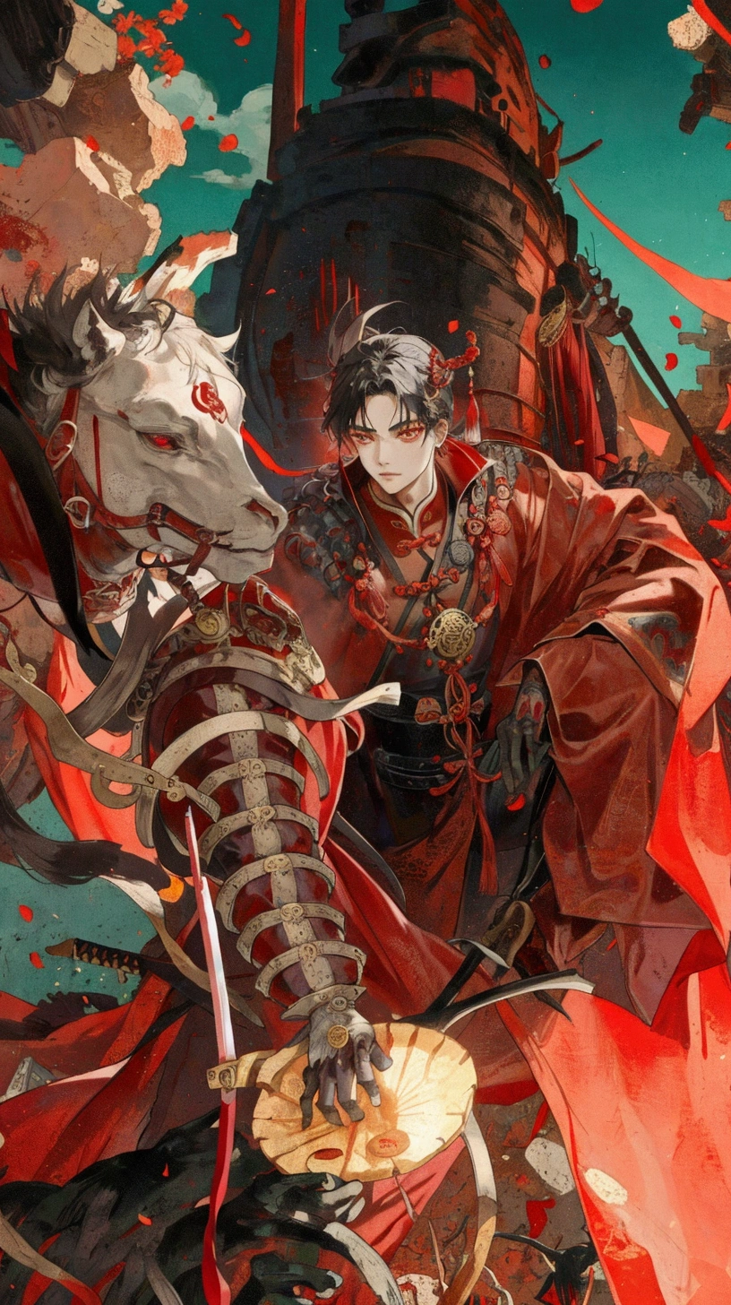An ancient Chinese man wearing red clothes,Holding a sword made of skulls,A half-mask with iron coins strung on its face,Eyes exposed