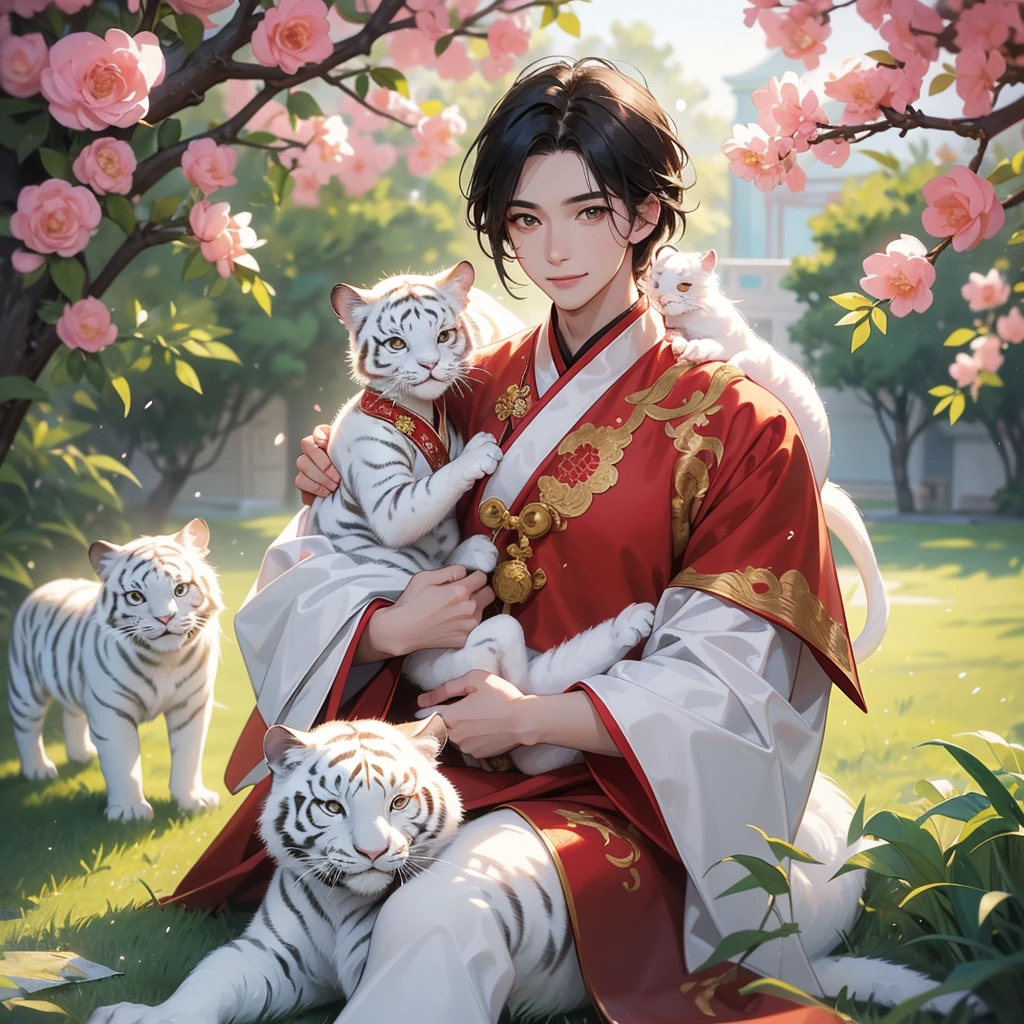 a handsome young man with good face and gentle face, wearing a white ancient Chinese costume, riding on a white tiger, hugging his adorable Chibi baby girl 1 year old, who is 1 year old with black hair in a red Chinese new year costume, int he morning, there is sunlight shining in the front yard garden , smiling.