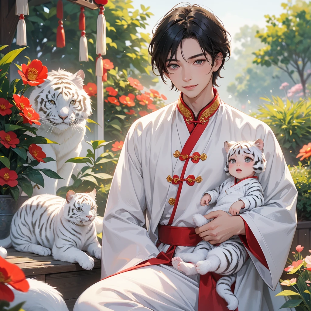 a handsome young man with good face and gentle face, wearing a white ancient Chinese costume, riding on a white tiger, hugging his adorable Chibi baby girl 1 year old, who is 1 year old with black hair in a red Chinese new year costume, int he morning, there is sunlight shining in the front yard garden , smiling.