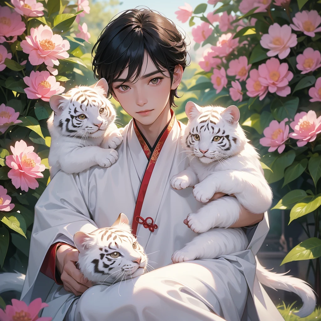 a handsome young man with good face and gentle face, wearing a white ancient Chinese costume, riding on a white tiger, hugging his adorable Chibi  girl 1 yearo is 1 year old withair in a red Chinese new year costume, int he morning, there is sunlight shining in the front yard garden , smiling.