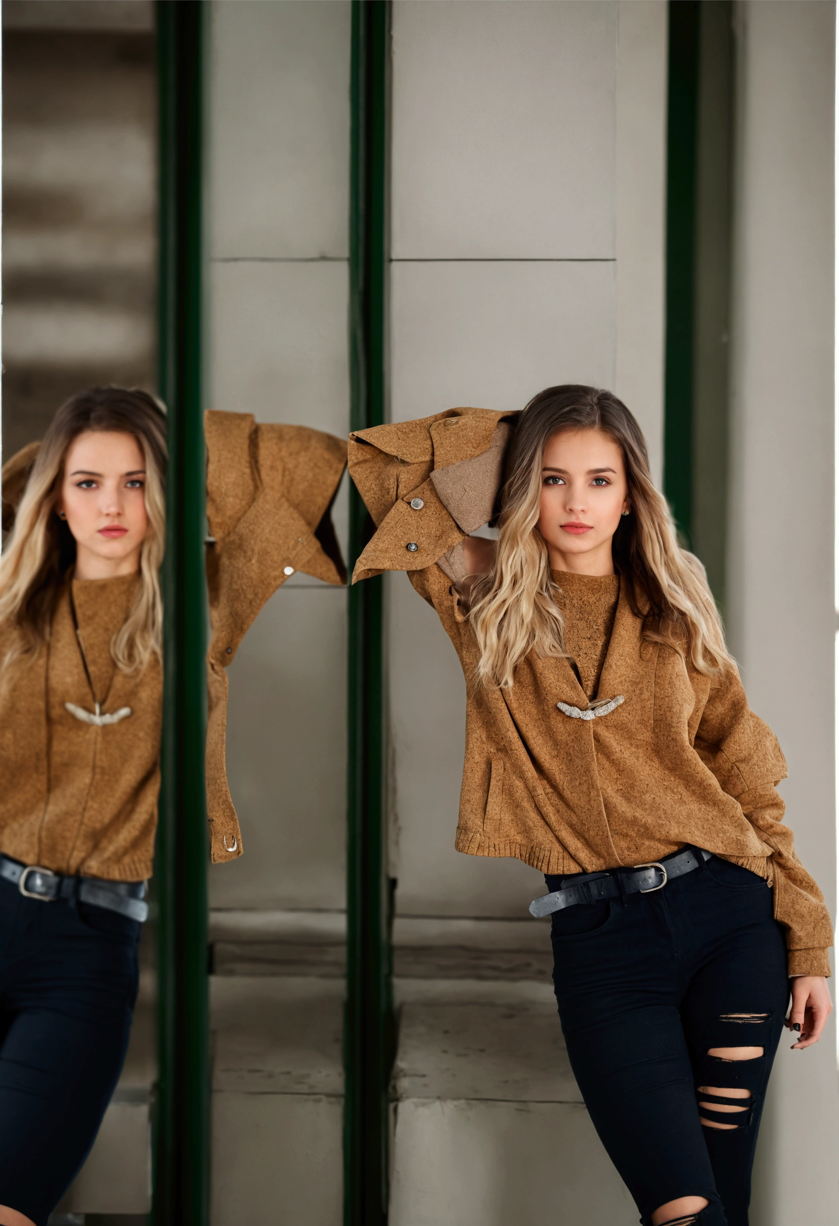 A beautiful girl stands leaning against the wall, girl in a jacket