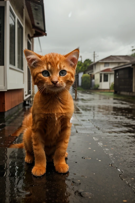 Orange kitten, wet, standing in front of the house, rainy background, cartoon style