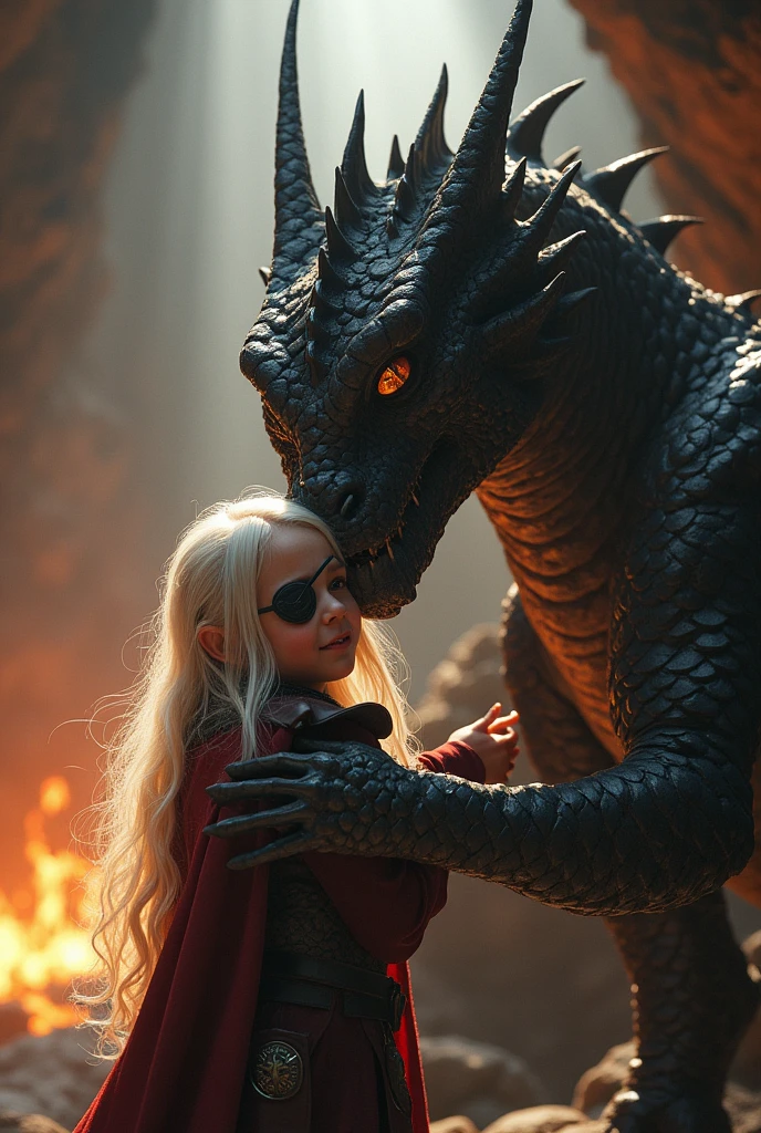 Aemon targaryen  with warrior clothes and an eye patch, long white hair hugging and laughing sadly with her giant medieval adult dragon. They find themselves in a giant cave with fire