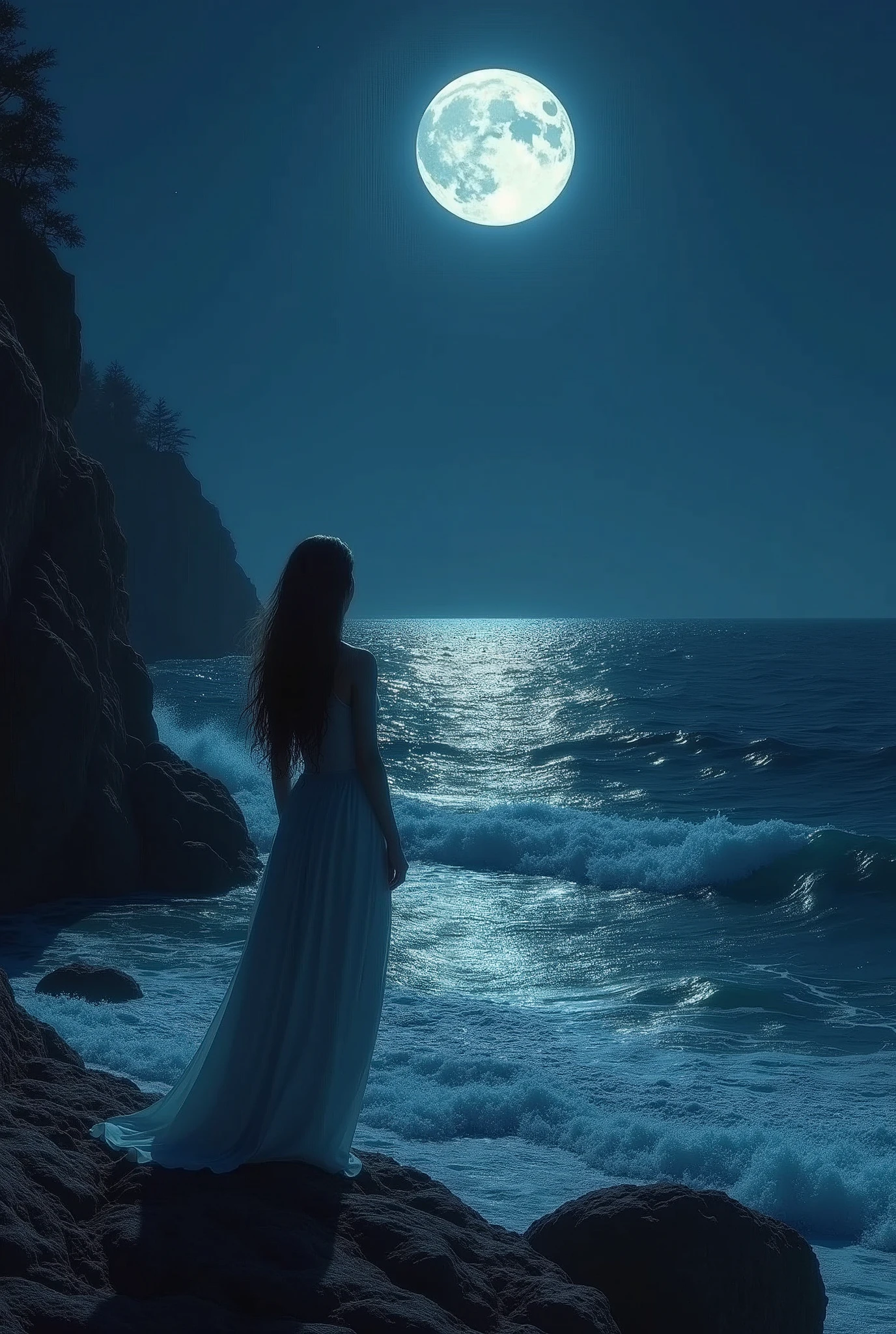  Woman looking at the sea at night 