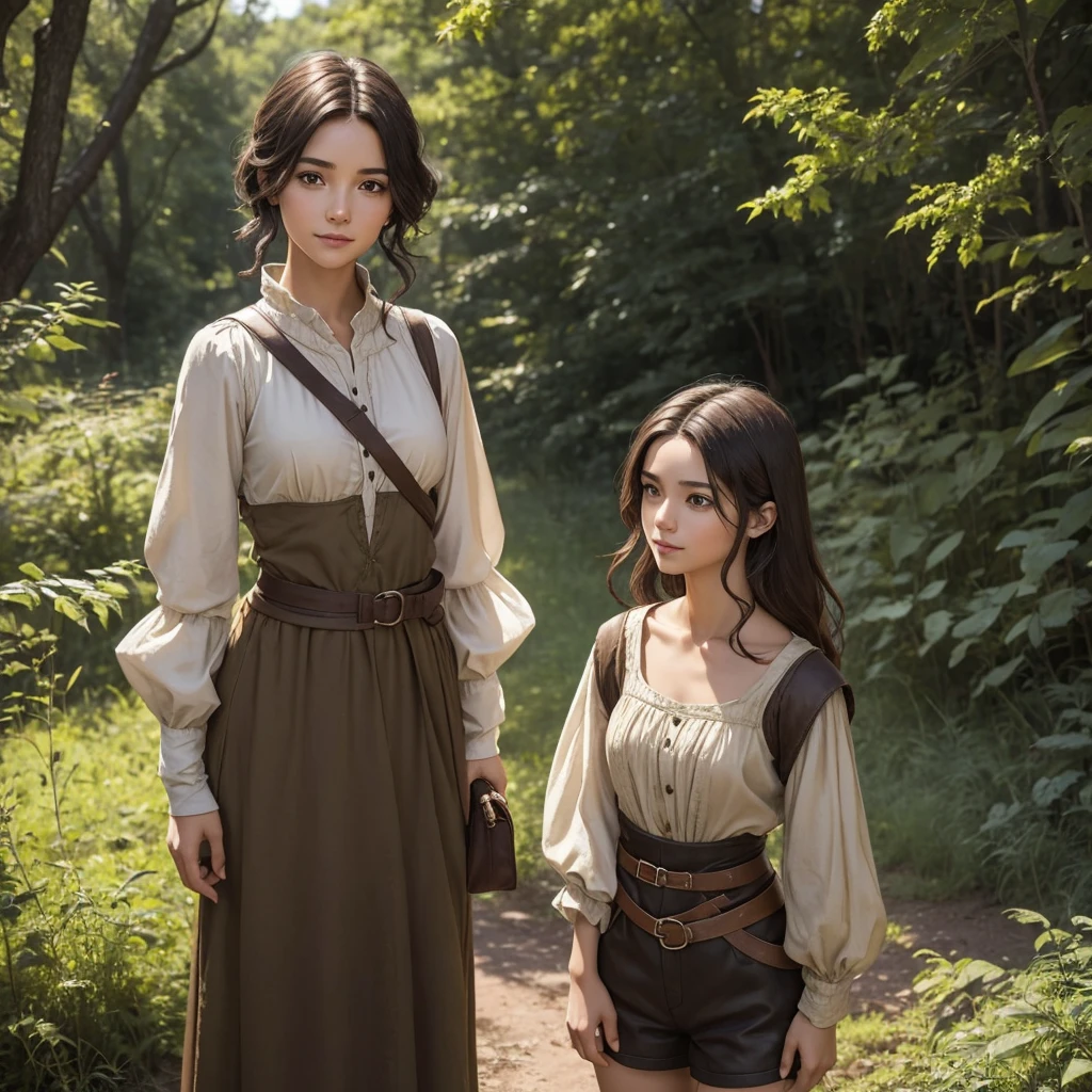 "A medieval-inspired female character with a youthful appearance, looking like she's in her late teens, though she's actually 30 years old. She has a bright and lively demeanor with an energetic and cheerful expression. Her face is more androgynous, closer to a boyish look, with softer, youthful features. Her hair is short and practical, in a natural color such as brown or black. She is and slender, with a small bust and shorter stature. Her outfit is practical and resembles the attire of a countryside boy, consisting of shorts and a simple shirt or tunic in a natural, earthy color palette. The background should be a lush forest or a whimsical, enchanting landscape."