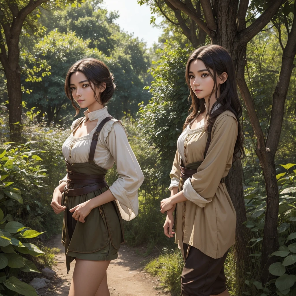 "A medieval-inspired female character with a youthful appearance, looking like she's in her late s, though she's actually 30 years old. She has a bright and lively demeanor with an energetic and cheerful expression. Her face is more androgynous, closer to a boyish look, with softer, youthful features. Her hair is short and practical, in a natural color such as brown or black. She is and slender, with a small bust and shorter stature. Her outfit is practical and resembles the attire of a countryside boy, consisting of shorts and a simple shirt or tunic in a natural, earthy color palette. The background should be a lush forest or a whimsical, enchanting landscape."