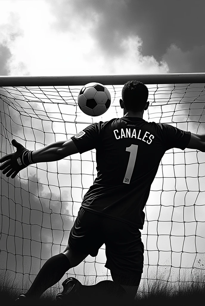 Image with a black and white background and a goalkeeper with his back turned saving a ball with a shirt with Canales&#39; name number 1 