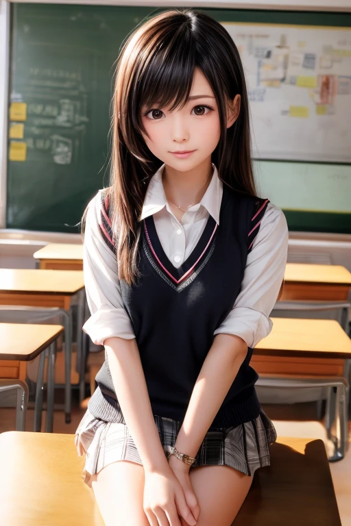 Tsukasaayatsuji, Tsukasa Ayatsuji, Black Hair, Long Hair, bangs, blunt bangs, 
break kibito high school uniform, school uniform, Sweater vest,
break looking at viewer,
break indoors, classroom,
break 