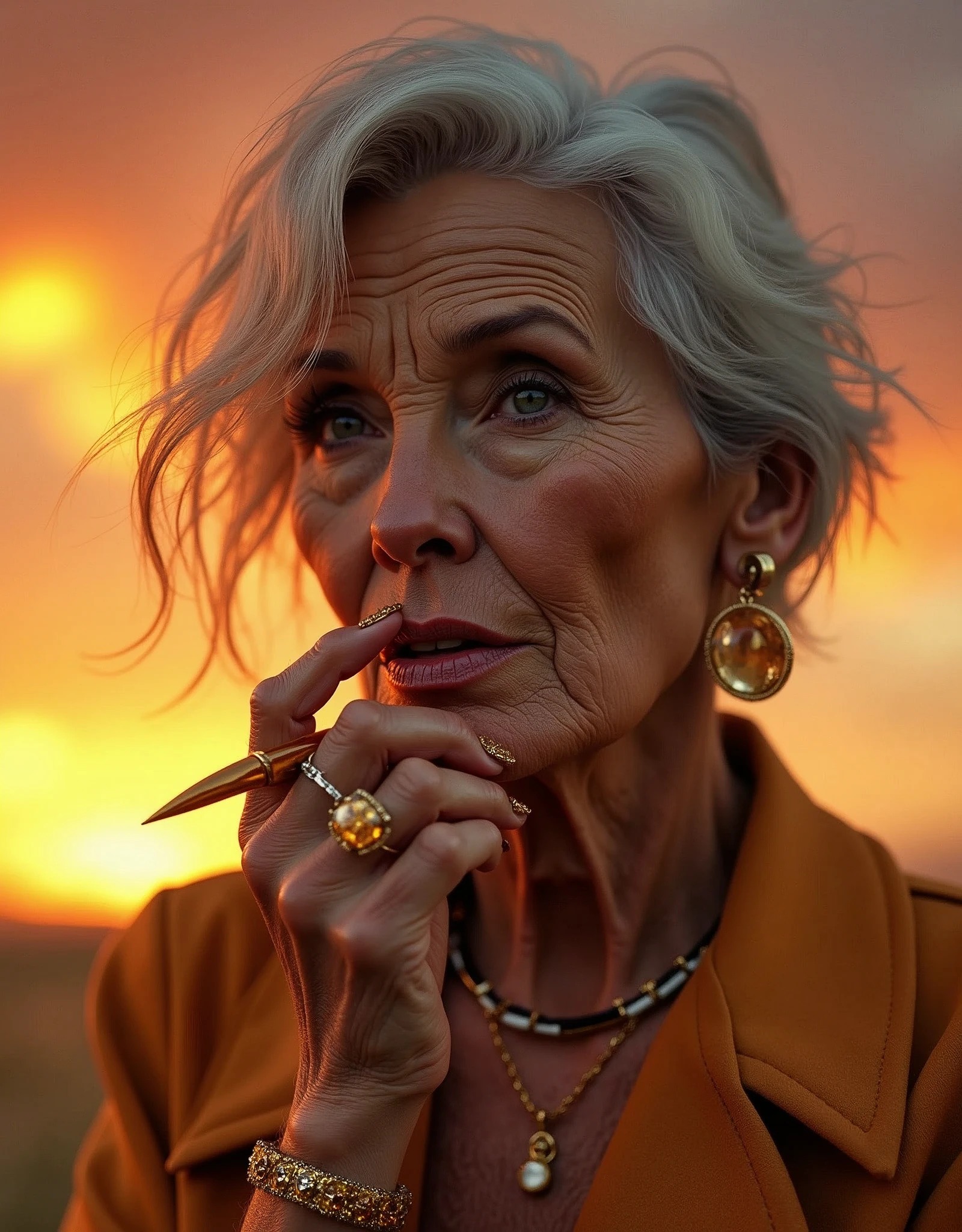 insane sunset, insane professional Illustration hand`s nails-style nails-view, Adult The photograph showcases a close-up portrait of a Old woman posed against a neutral-toned background that complements her complexion. The lighting is soft, diffused evenly to highlight the contours of her face without harsh shadows, suggesting the use of a broad light source or a reflector to achieve such balanced illumination. Her hair is swept to one side, styled to move with the wind, which adds a dynamic element to the image. The color palette is harmonious, with her tan outfit and golden accessories creating a warm, monochromatic effect. She's adorned with bold, statement jewelry—a large golden link chain as a choker and chunky lettered earrings, both contributing to a luxe aesthetic. Her finger, placed gently against her lips, draws attention to her face, which is the clear subject of the composition. She wears a broad, studded cuff on her wrist that echoes the style of the necklace, and her expression is contemplative, with her gaze slightly averted from the camera, inviting viewers to ponder her thoughts. Technically, the depth of field is shallow, keeping her features in sharp focus while softly blurring the background, which suggests the use of a lens with a wide aperture. The composition employs a tight framing that captures the model from the chest up, emphasizing her expression and the fine details of her accessories. The overall effect is one of understated elegance and high-fashion sensibility. varies,multi, etc. --v 6 --s 1000 --c 20 --q 500 --chaos 100