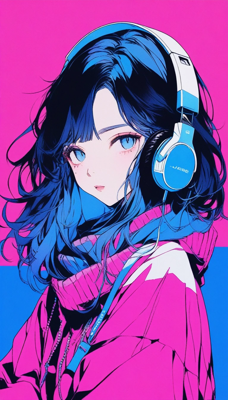 ((masterpiece,Highest quality)), 8k, anime , Realistic ,sketch, anime風のポートレート, (((黒仔猫を連れたanimeの女性))), 20-year-old, Blue gradient background, Off-the-shoulder knit, Neon medium length hair, lip, Big eyes, Wear headphones, Texture Trim, Canadian, Upper Body, (masterpiece,Highest quality)