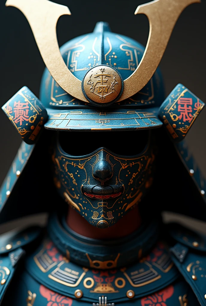A Japanese samurai mask features components simulating electronic applications,Use on masksICComputer chip components andCPUdecorate,The Japanese family crest is printed on it,Overall presentation of Japanese samurai mask50Degree Angle
