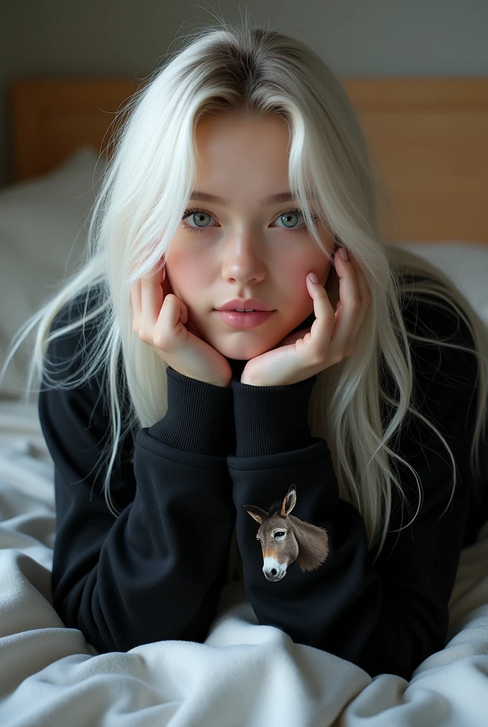 A girl with long white hair taking a selfie lying on the bed wearing a black sweatshirt with a picture of a donkey on the front,she will be in the room