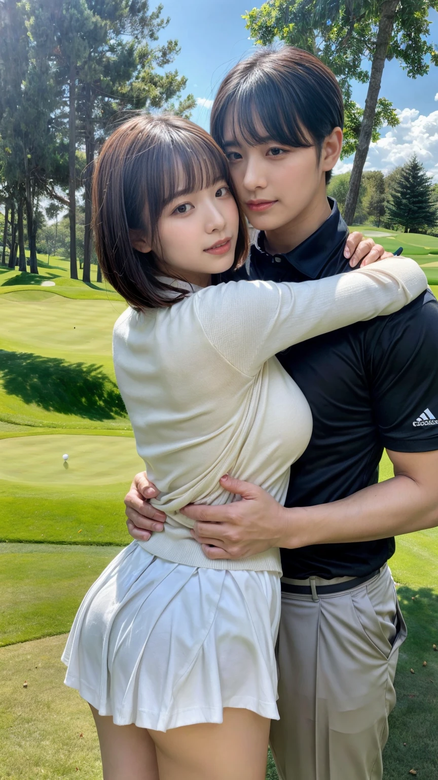 1 young office lady being hugged from back by 1 man:1.2,close to each other:1.1), (man's hand touching her breast:1.1),very cute face,bob cut,white skin-tight golf uniform,embarrassed,golf course,perfect anatomy, masterpiece, best quality,8k,perfect face,from front,upper body