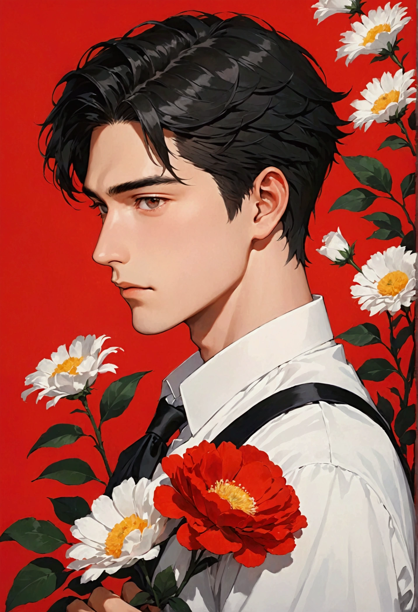 Young man holding flowers on his shoulder on red background, 1 boy, flower, focus on male, solo, holding flower, black hair, holding, shirt, red background, white shirt and red second half, simple background, formal