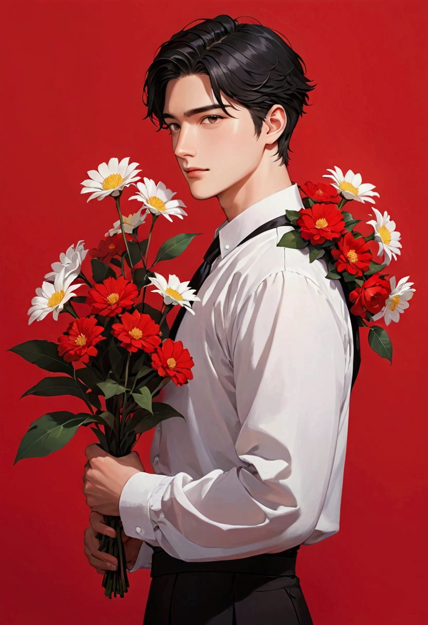 Young man holding flowers on his shoulder on red background, 1 boy, flower, focus on male, solo, holding flower, black hair, holding, shirt, red background, white shirt and red second half, simple background, formal