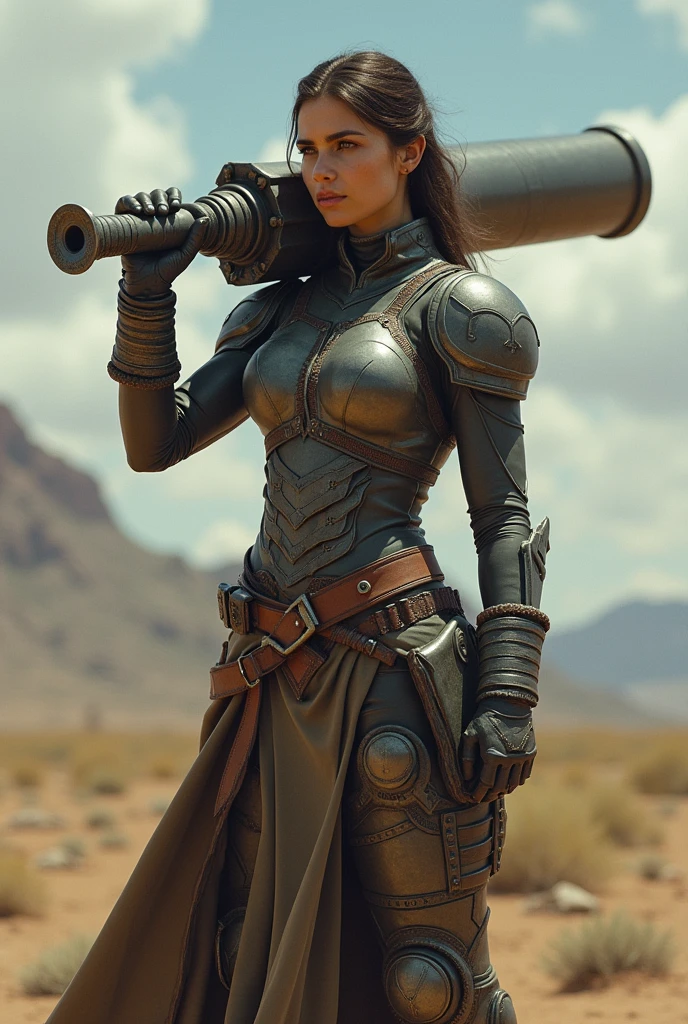(RAW photo, realistic photo, high quality, masterpiece),future style, woman with a giant weapon on her shoulder, giant cannon, giant sword, fighting stance