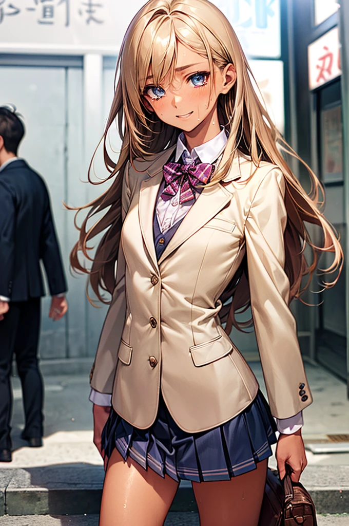 (((night,真night中))),((Perfect Anatomy:1.2,Realistic:1.3,RAW Photos:1.3,masterpiece、Highest quality、Ultra - High resolution、High resolution、Extremely detailed CG、8k)),Cowboy Shot,1 female,alone,18-year-old、High school girl beautiful girl,Japanese,((Beautiful and exquisite face and eyes:1.2,Big beautiful eyes:1.3,)),Blonde,Long Hair,(Center parted hair:1.4,amount),Medium chest,Slender body,Small Head:1.3,skinny,(Brown Skin:1.4),(Oily skin,Glowing Skin,Glowing Skin,Sweat:1.2),(school uniform、Dark blue blazer jacket、Checkered pleated mini skirt),Kneel,Dirty back alley、Tokyo、smile、Mouth open