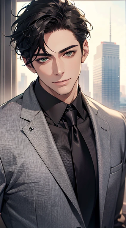 (Highest quality,4K,8K,High resolution,masterpiece:1.2),Super detailed,(Realistic,photoRealistic,photo-Realistic:1.37),1 person,34 years old,Mature Men,Beautiful skin、very handsome,Expressionless smile in love,Short gray Black hair,green eyes,Sharp Eyes,A perfect face without a doubt,Businessman, CEO, Office Background,Cinema Lighting,HDR image,tie、